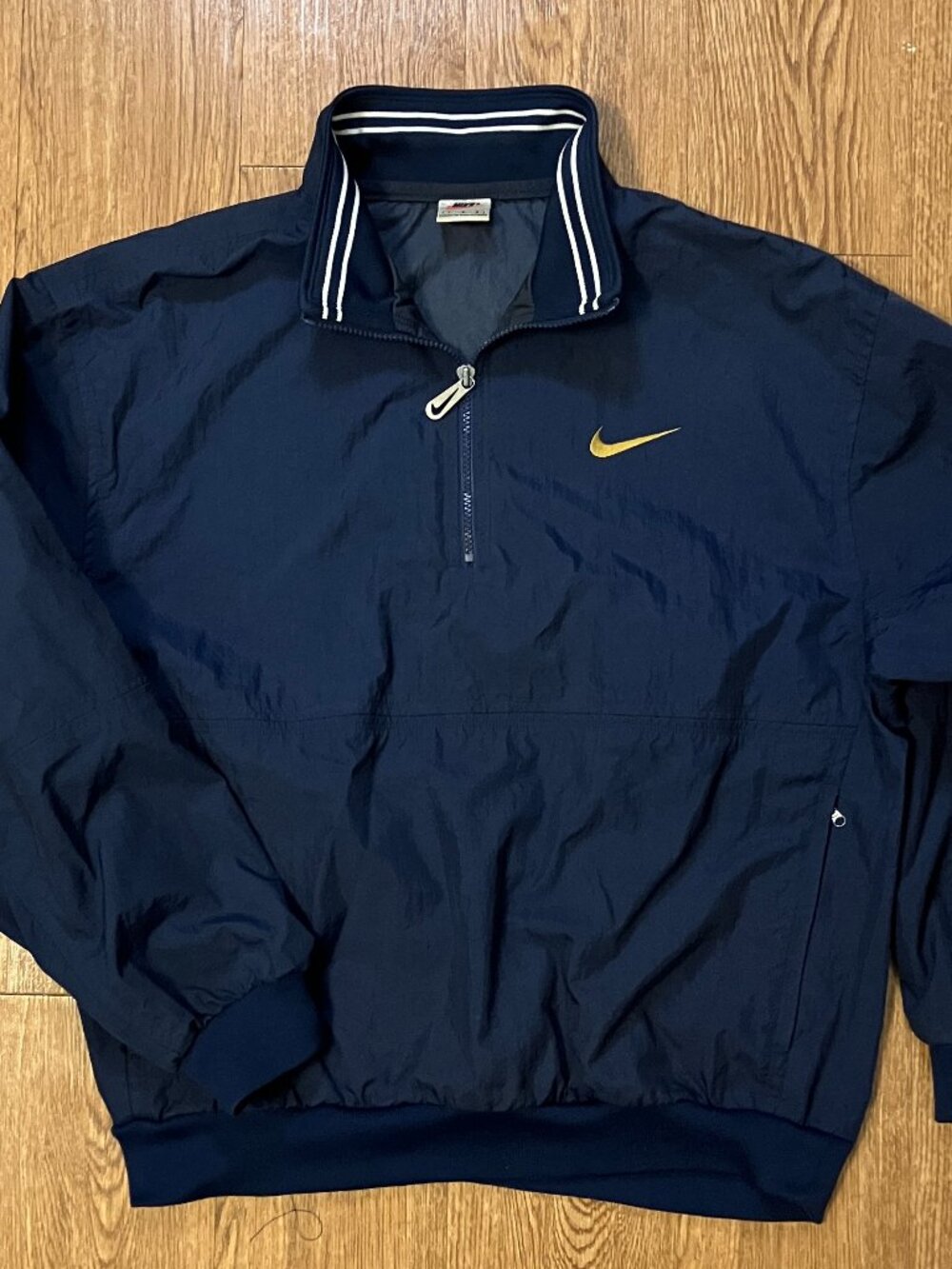 Vintage 90's Nike Windbreaker Red Tag 1/4 Zip Navy Gold Back Spellout Large